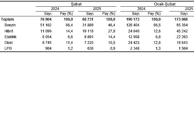 Motorlu Kara Taşıtları, Şubat 2025